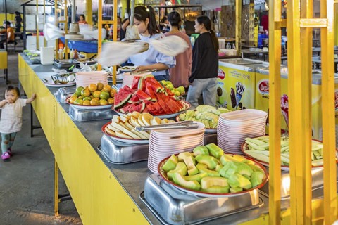 Selection of fresh fruits available for customers at a buffet style outdoor restaurant in Chiang