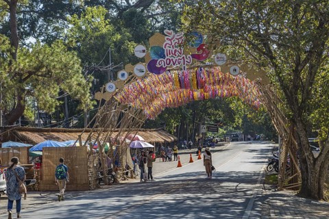 Colorful arched entrance to the Doi Tung tourist attraction in Chiang Rai, Thailand