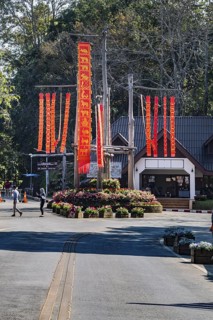 Lanna flags display celebrates cultural history inside the Doi Tung tourist attraction in Chiang