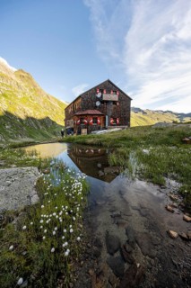 Mountain hut Elberfelderhütte with small lake and cotton grass, in the morning light, in the upper