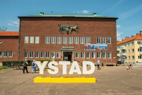 Sign YSTAD in front of the museum and art gallery in Ystad, Skåne County, Sweden, Scandinavia