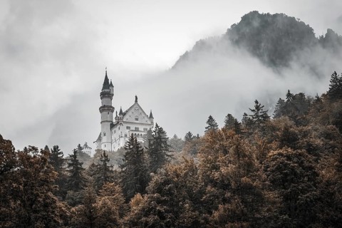 The romantic Neuschwanstein Castle in the middle of a misty, autumnal forest, Schwangau, Bavaria