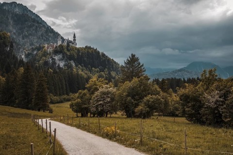 A path leads through a forest to Neuschwanstein Castle on a mountain under a dramatic sky,