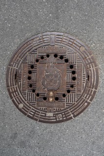 Manhole cover with the coat of arms of Burglengenfeld, Upper Palatinate, Bavaria, Germany