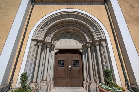 Romanesque entrance portal of St Vitus Church, destroyed around 1630, rebuilt between 1661 and
