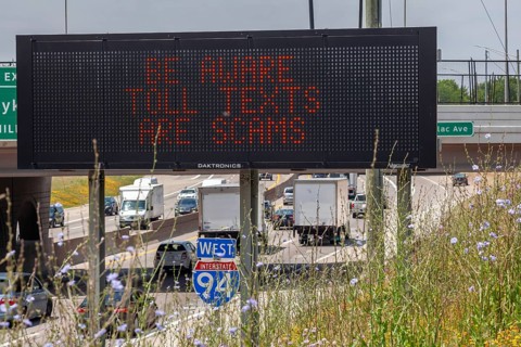 Detroit, Michigan - A message on an electronic road sign on Interstate 94 warns drivers about
