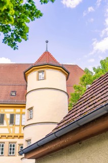 Historic tower in front of a blue sky with surrounding trees and half-timbered buildings,