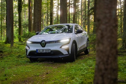 White car in the penetrating sunlight in a lush green forest, Renault Megane, Deer E Carsharing,