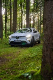 White car driving through a light forest with sunbeams between the trees, Renault Megane, Deer E