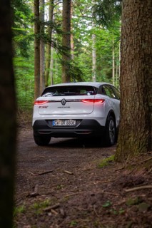 Rear view of a white car between trees in a dense forest on a forest path, Renault Megane, Deer E