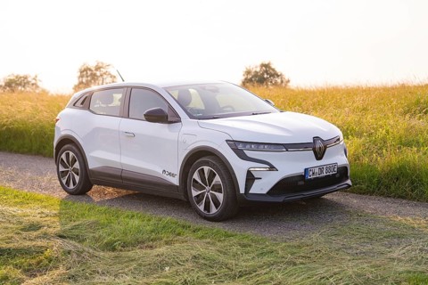 White car parked on a road near a field, Renault Megane, Deer E Carsharing, electric car, Calw,