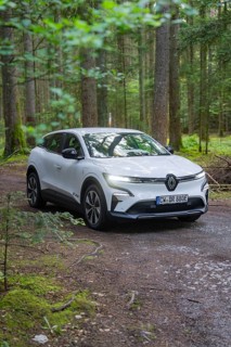 A white car in the forest on a forest path, surrounded by tall trees and natural atmosphere,