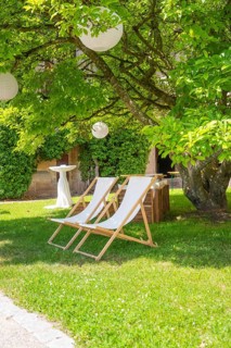 Two deckchairs in the shade of a tree on a green meadow, ideal for relaxation, event and wedding