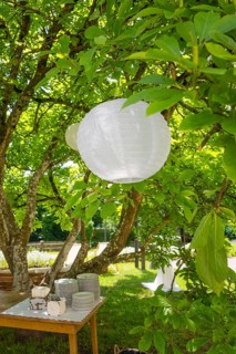 Paper lantern hanging from a tree above a table with crockery in the summer garden, event and