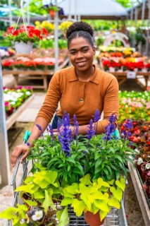 Happy young woman pushing a shopping cart, selecting vibrant flowers and plants while enjoying her