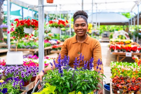 Smiling african american woman pushing shopping cart full of flowers and plants in a greenhouse