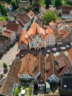 Historic old town with half-timbered houses and central square seen from the air, Calw, Black