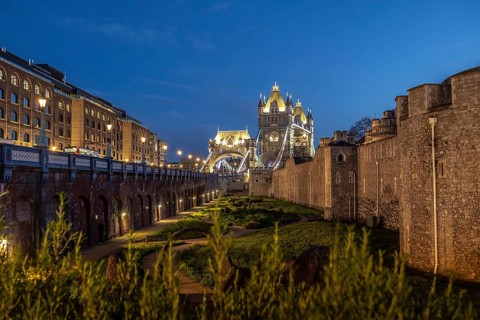 Tower bridge and the tower of london stand majestically illuminated against the twilight sky,