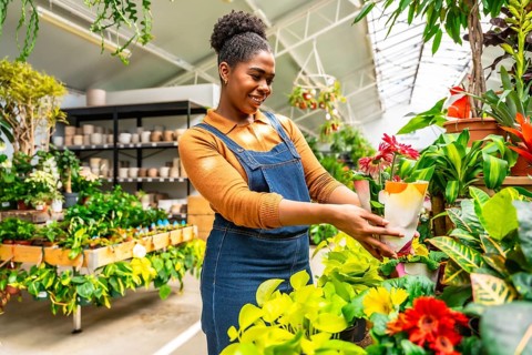 Smiling young woman working in a plant shop arranging potted flowers and houseplants on display