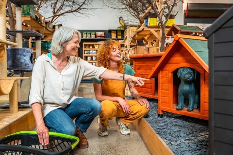 Pet shop worker assisting a customer with a shopping basket, pointing out various dog kennels and