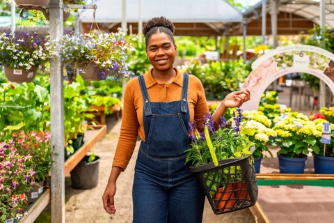 Young woman working at a garden center, happily carrying a basket brimming with vibrant flowers and