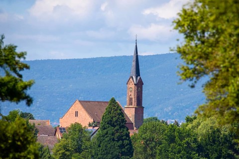View of Dannstadt-Schauernheim with the Catholic church in the centre of the picture