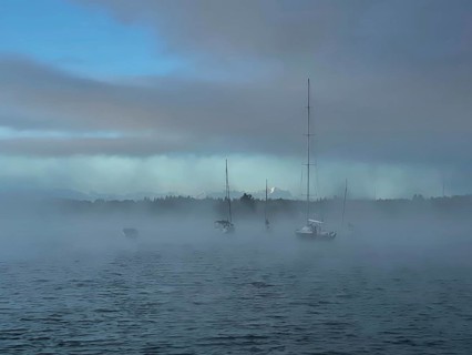 Sailing boats on Lake Starnberg with fog, Bavaria, Germany
