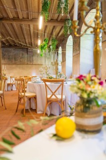Charming wedding table decoration with fresh flowers and lemon as an accent, event and wedding