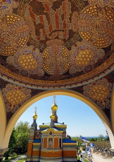 View from the pavilion with artistic mosaic of the Russian Chapel, Mathildenhöhe, UNESCO World