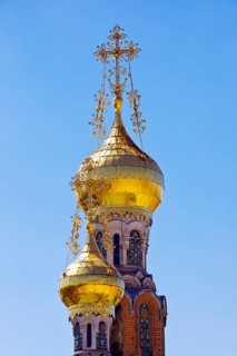 Gilded domes of the Russian Chapel, Mathildenhöhe, Darmstadt, Hesse, Germany