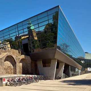West side of the Darmstadtium congress centre with historic city wall in the centre of Darmstadt,