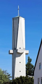 Spire of the Roman Catholic Church of St Fidelis, brutalist building, Mornewegviertel, Darmstadt,