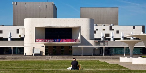 Georg-Büchner-Platz, concrete strip and grass strip with state theatre, public square, Darmstadt,