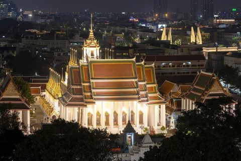 Panorama after sunset from Golden Mount to Wat Ratchanatdaram Worawihan and the Democracy Monument