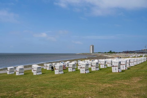 Beach chairs on the green beach, high-rise building, Büsum, North Sea, Schleswig-Holstein, Germany