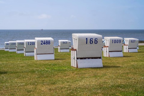 Beach chairs on the green beach, graphically orientated, Büsum, North Sea, Schleswig-Holstein,