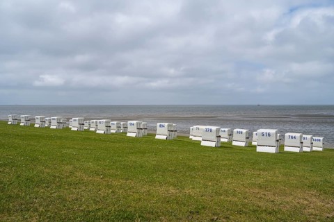 Beach chairs on the green beach, clouds in the sky, Büsum, North Sea, Schleswig-Holstein, Germany
