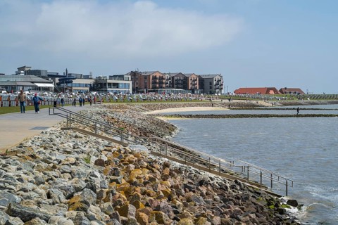 Coast and green beach, view of town, Büsum, North Sea, Schleswig-Holstein, Germany