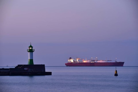 LNG tanker Iberica Knutsen at the Sassnitz lighthouse on Rügen, Mecklenburg-Western Pomerania,