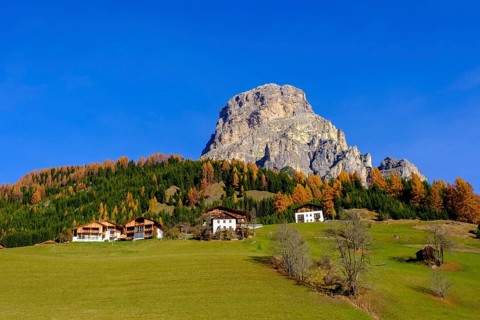 Farmhouses under the Sassongher, near Colfosco, Alta Badia, Val Badia, Dolomites, South Tyrol,