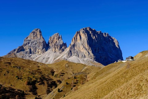 Sassolungo, Sassopiatto from the Sella Pass, Dolomites, South Tyrol, Italy