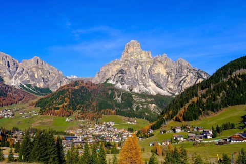 Corvara and Colfosco, with Sassongher, Alta Badia, Val Badia, Dolomites, South Tyrol, Italy