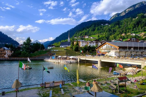 Alleghe on Lago di Alleghe, Belluno, Dolomites, Veneto, Italy