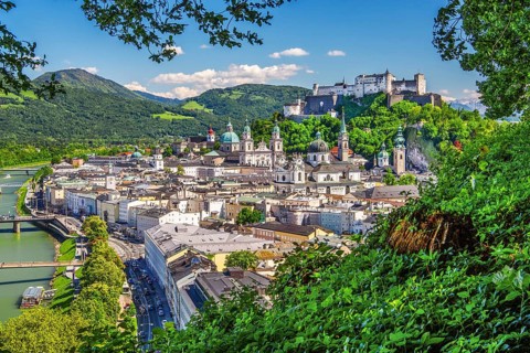 Panoramic view from the Mönchsberg with the churches of the old town and Hohensalzburg Fortress,