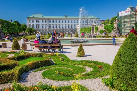 Fountain in Mirabell Gardens with Mirabell Palace, Salzburg, Salzach Valley, Salzburg Province,