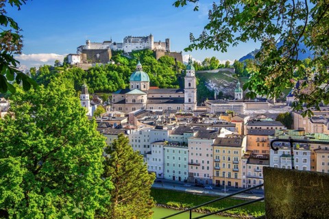 Panoramic view from the Kapuzinerberg to the historic city centre with Hohensalzburg Fortress,