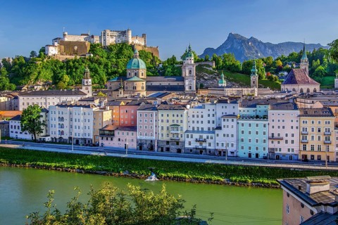 Panoramic view from the Kapuzinerberg over the Salzach to the old town with the Hohensalzburg