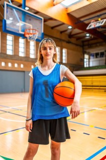 Young female basketball player standing on the court, holding a basketball, ready for the game,