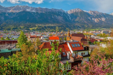 City view with Wilten Abbey in front of the northern chain of the Karwendel Mountains, Innsbruck,
