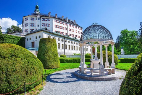 Castle garden with Ambras Castle on the outskirts of the city, Innsbruck, Inntal, Tyrolean Alps,